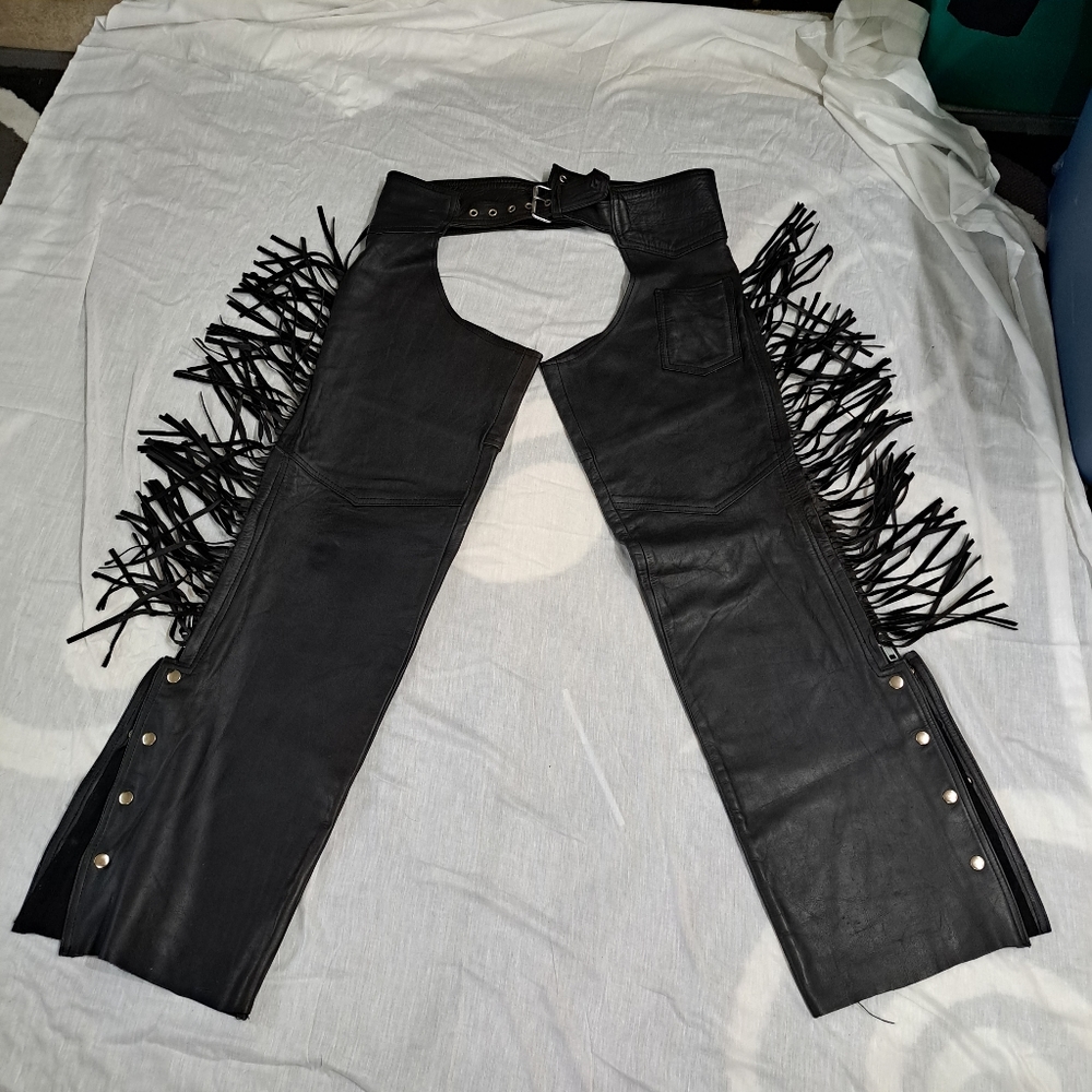 Route 66 Black Chaps with Fringe , Mens sz. Large, Like New